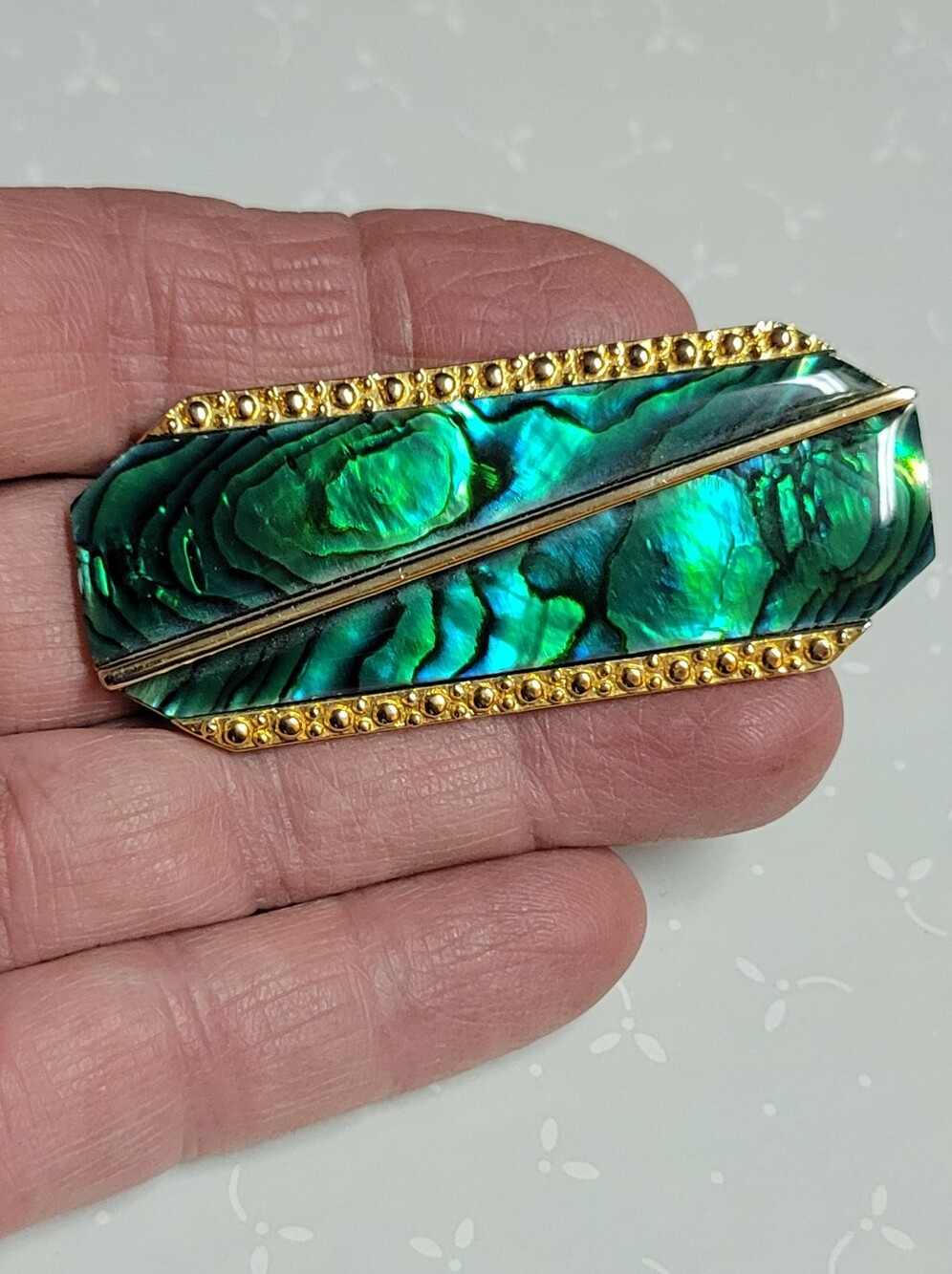 Abalone Shell Gold-Tone Bar Brooch - Green Abalone Accent